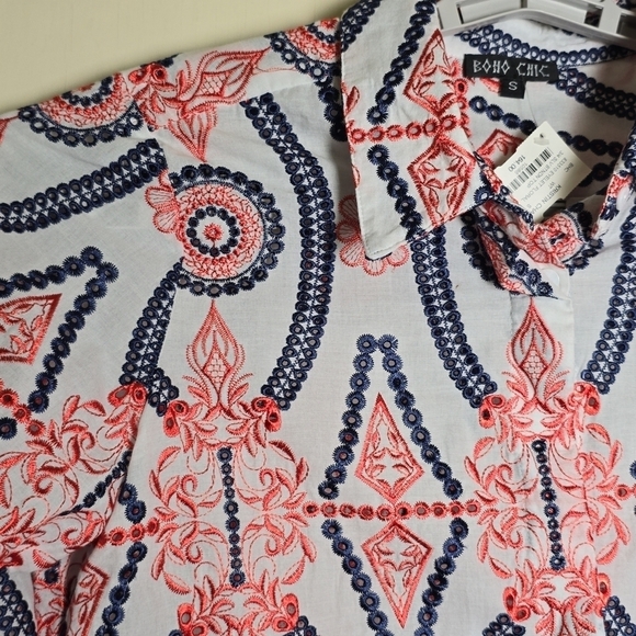 Boho Chic Heavy Embroidered Floral Eyelet Button-Down 3/4 Sleeve Blouse Small - Picture 2 of 8